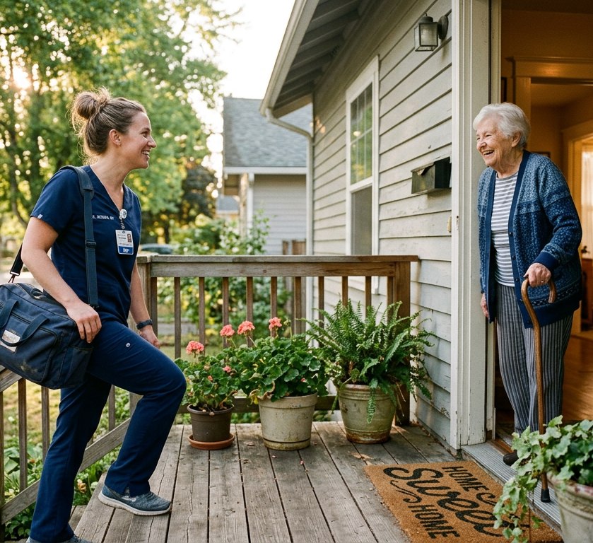 A nurse practitioner arriving at a senior patient’s home for an in-home dermatology visit